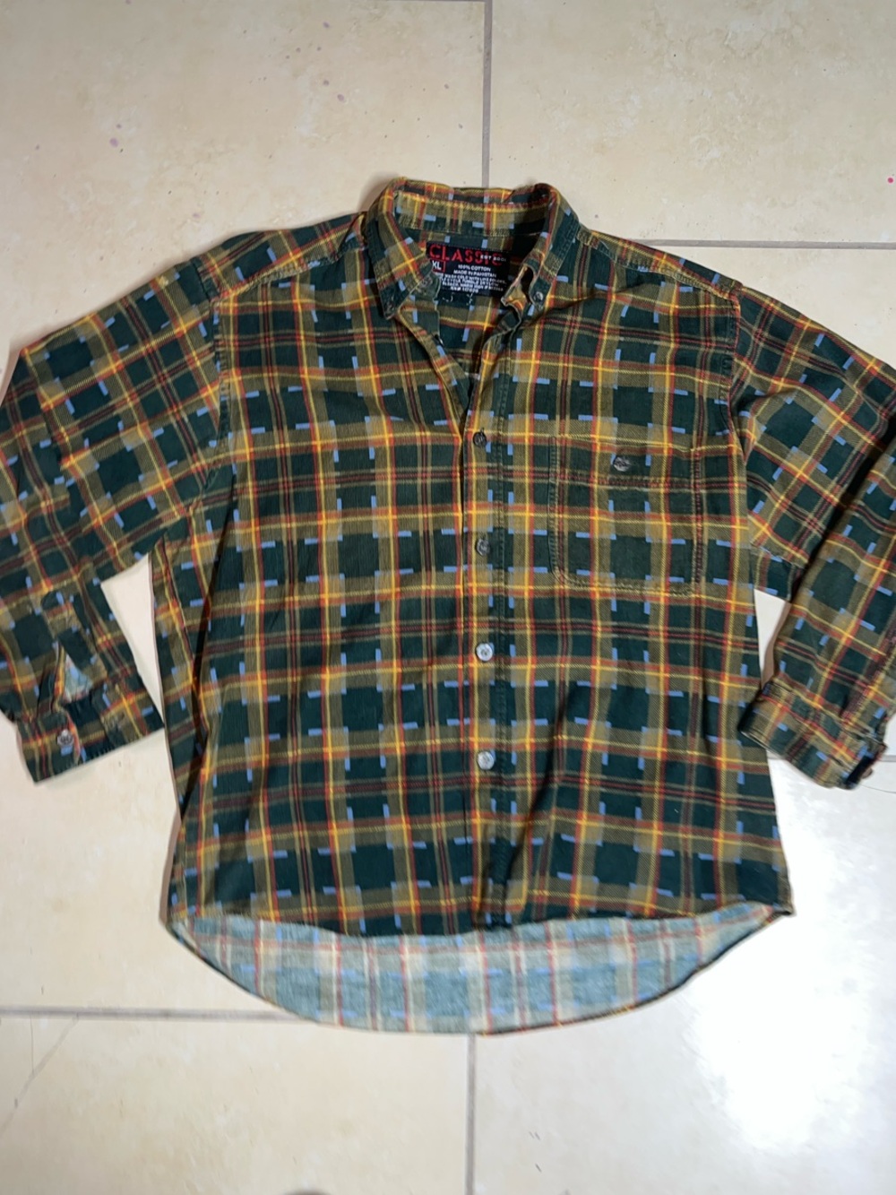 Classic Men's Dark Green Plaid Button-Down Shirt with Yellow Accents